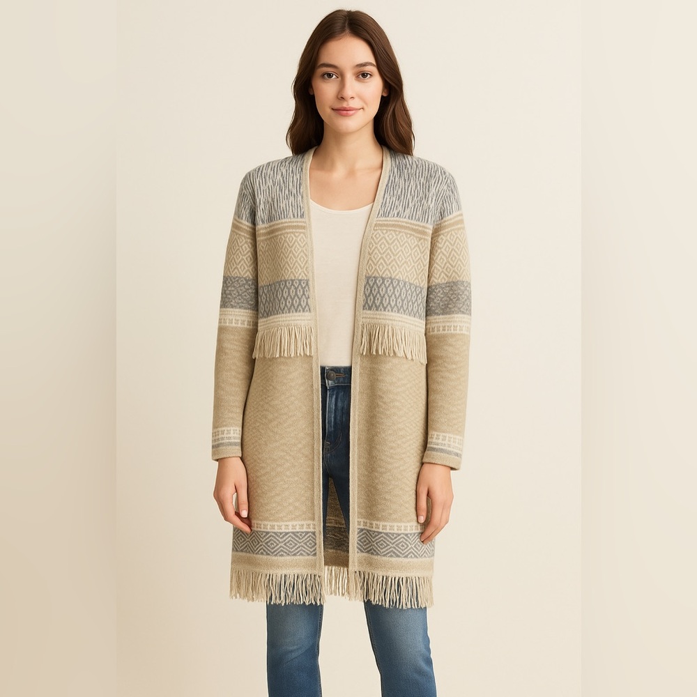 RETROD | Fair Isle Knit Fringe Open Cardigan- Small